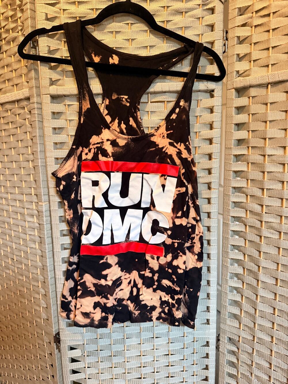 Run DMC Graphic Tank Top XL Black Bleach Tie Dye Hip Hop Rap Band Racerback